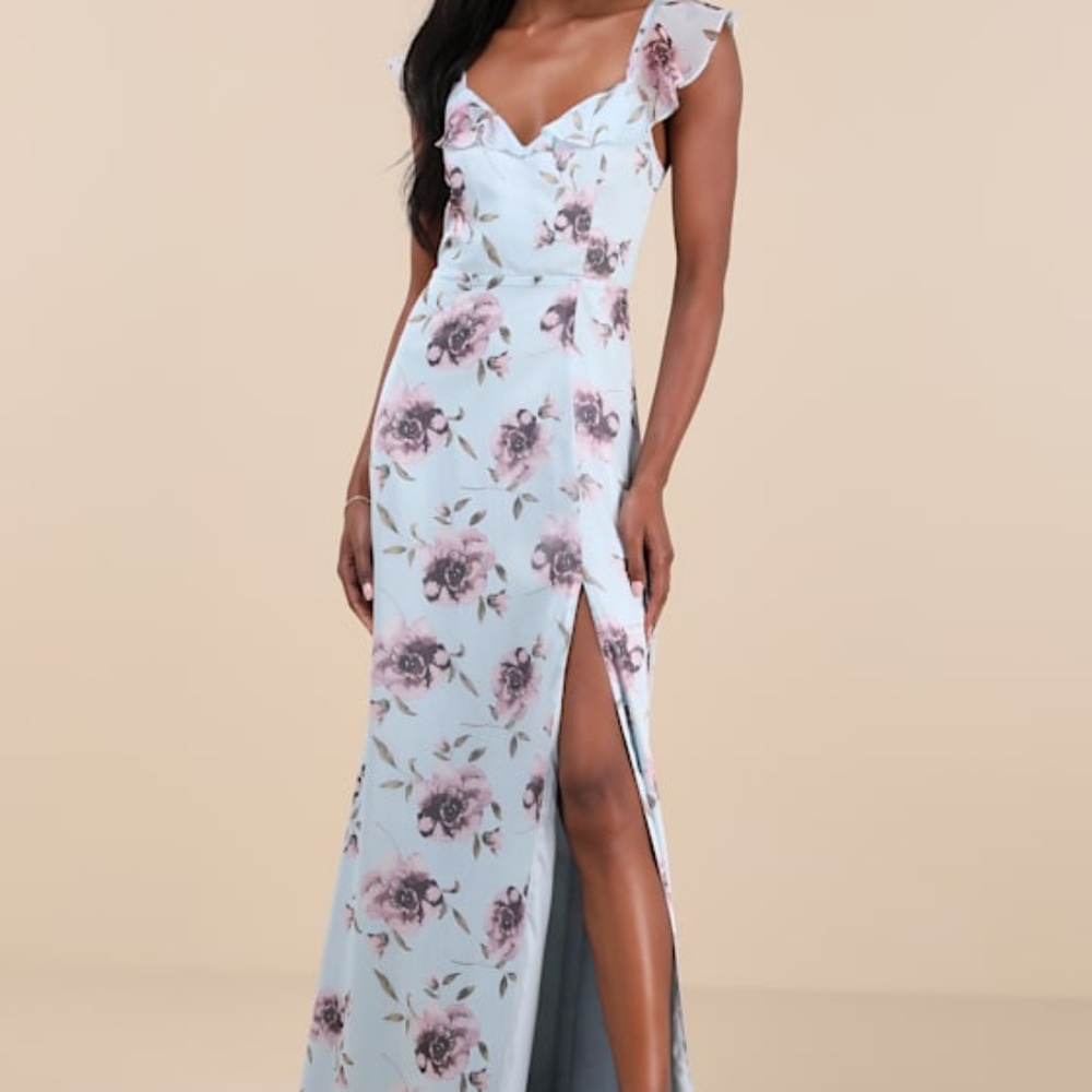 Lulus Sweetest Entrance Light Blue Floral Ruffled Tie-back Maxi Dress - Size M